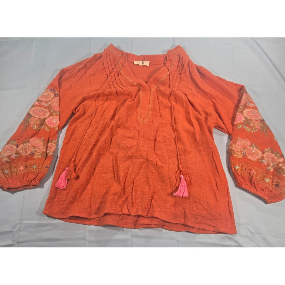 Entro Burnt Orange Cotton Gauze Floral Embroidered Tassel Peasant Blouse T12858